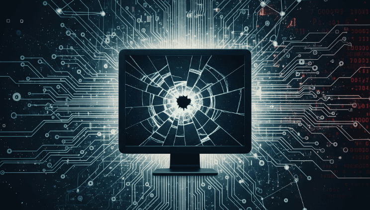 Collage digital de circuitos rotos y flujos de datos en una pantalla de computadora destrozada, simbolizando un ciberataque.