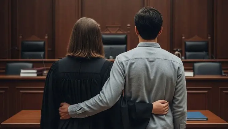 Defensa penal en casos de abusos sexuales – abogado y cliente en tribunal